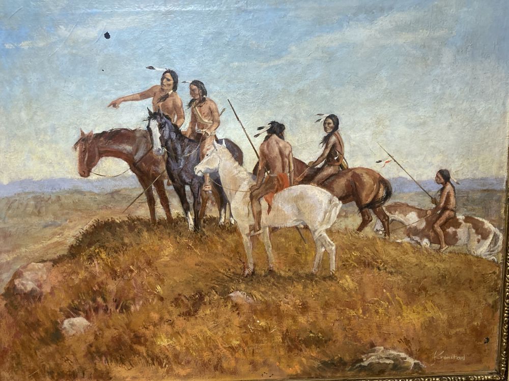 Kronstad, a group of Native American plains tribesmen on horseback, 39.5cm x 49.5cm